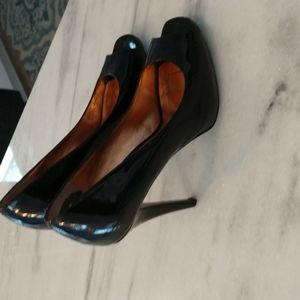 Open toe black patent stiletto